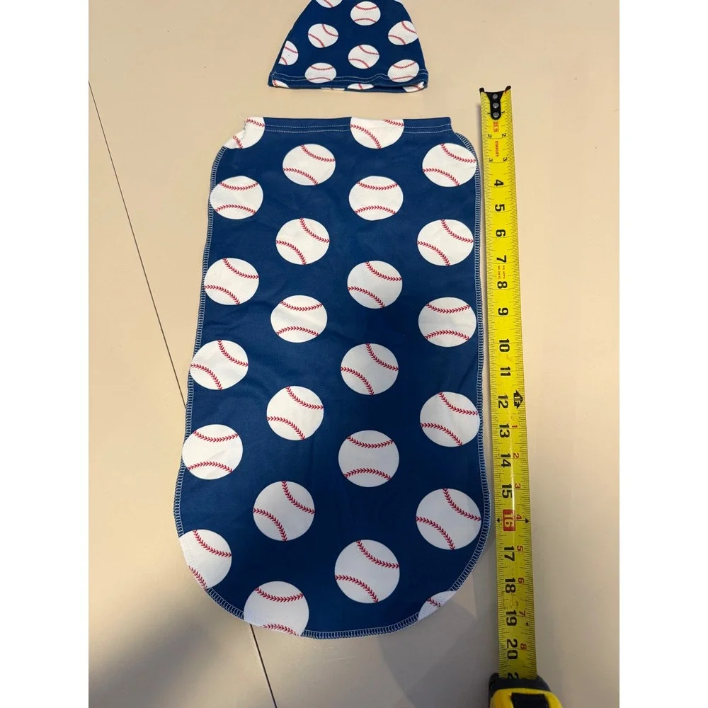 Baseball Newborn Swaddle Sack and Knotted Hat Set Navy Blue Sports Print